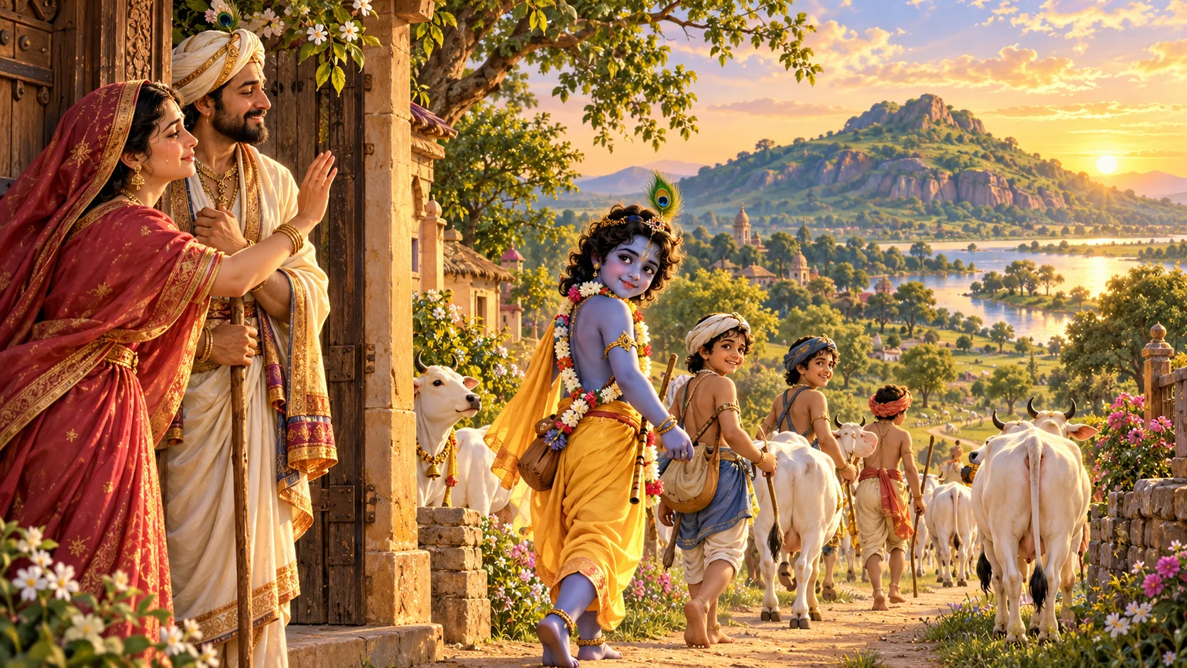 Krishna with a peacock feather leads the cows from Vraja as Yashoda, Nanda, and the cowherd boys see Him off