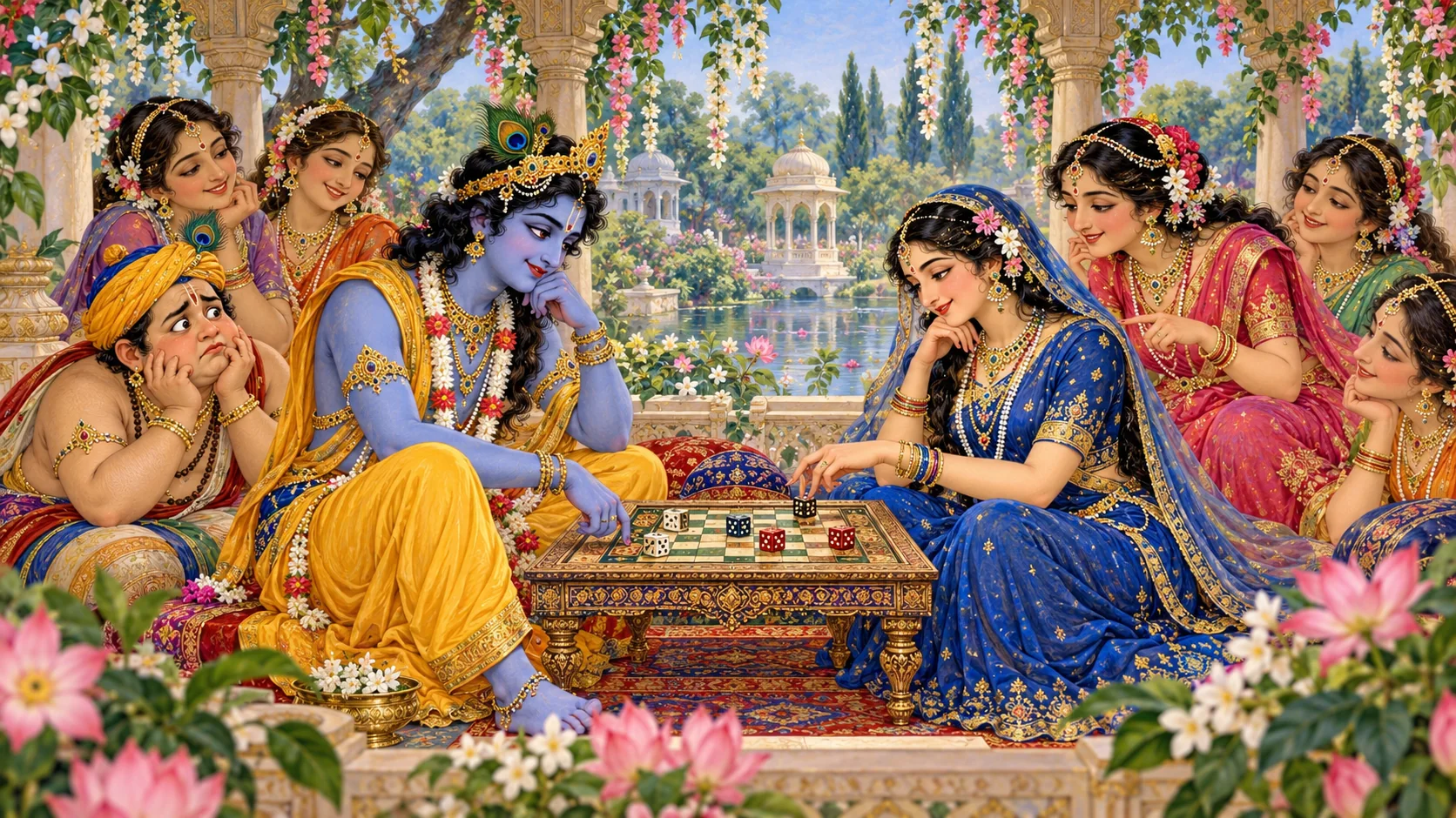 Radha and Krishna at a small dice board, surrounded by gopis and Madhumangala in a forest pavilion