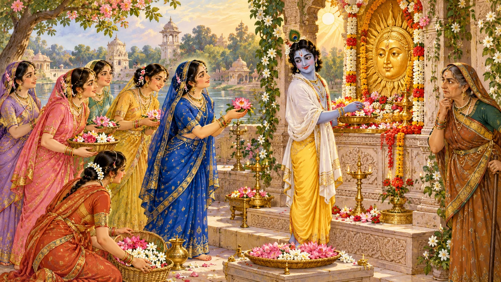 Krishna dressed as a priest, Radha, and the gopis offer flowers at the sun temple while Jatila watches
