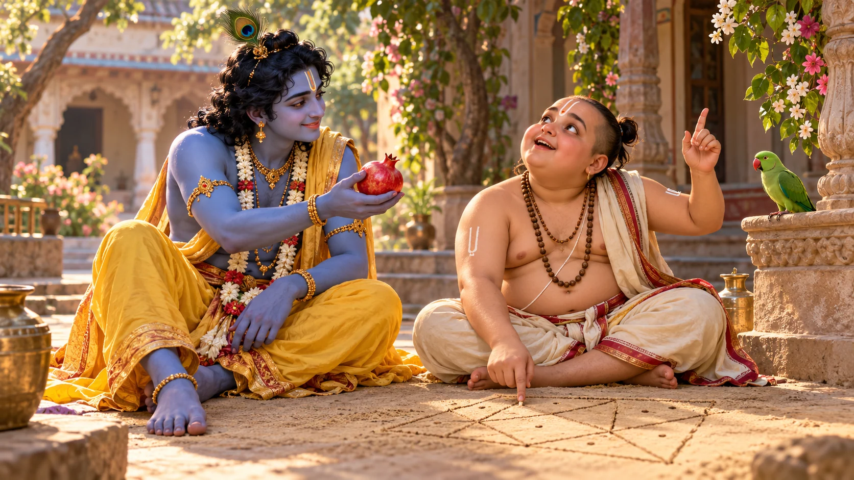 Krishna holds a pomegranate beside a green parrot while Madhumangala draws an astrological chart in the sand