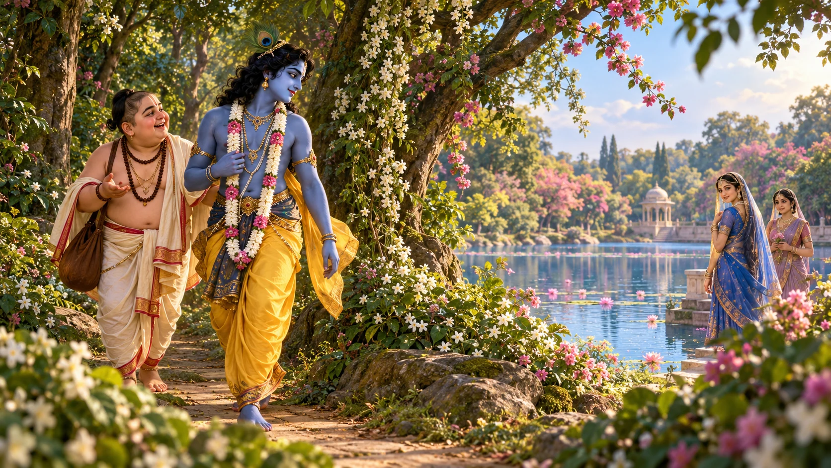 Krishna and Madhumangala walk through a flowering forest toward Radha-kunda, with Radha and a friend in the distance