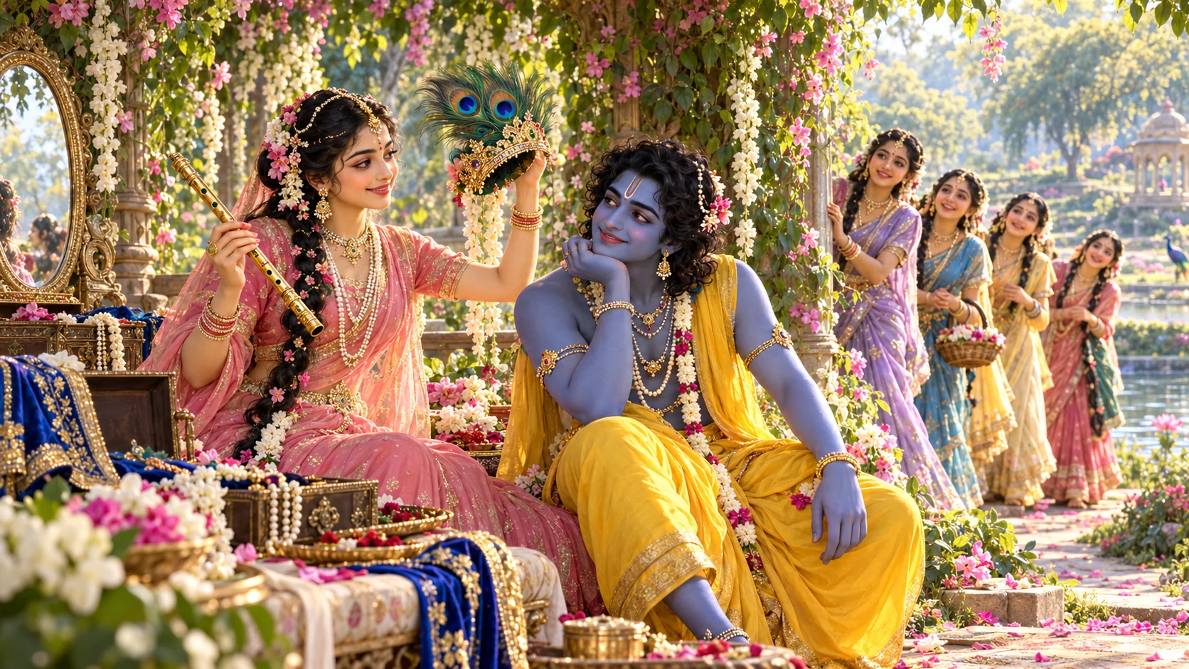 Radha holds a flute and peacock feather beside a smiling Krishna as their friends arrive in a flowering grove