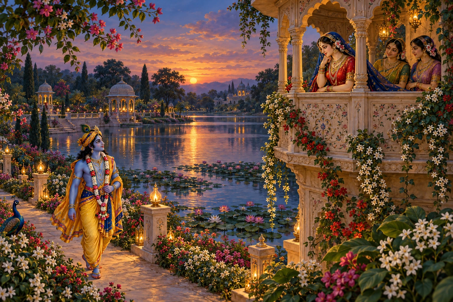 Artistic illustration: Krishna in yellow garments approaches the garden tower beside Pavana-sarovara, where Radha and her companions are watching.