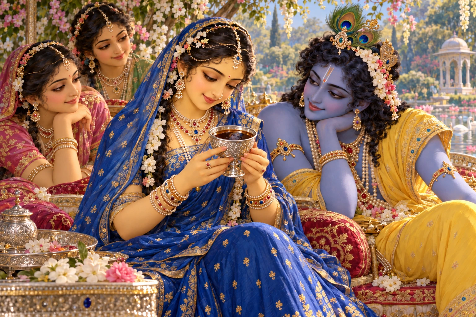 Artistic illustration: Radha looks at Krishna's reflection in a silver cup while Krishna and their companions sit in the garden at Parasauli.