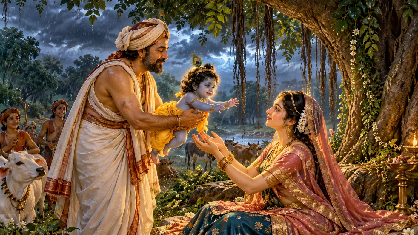 Nanda entrusts little Krishna to Radha beneath a great tree as rain falls over Bhandiravana