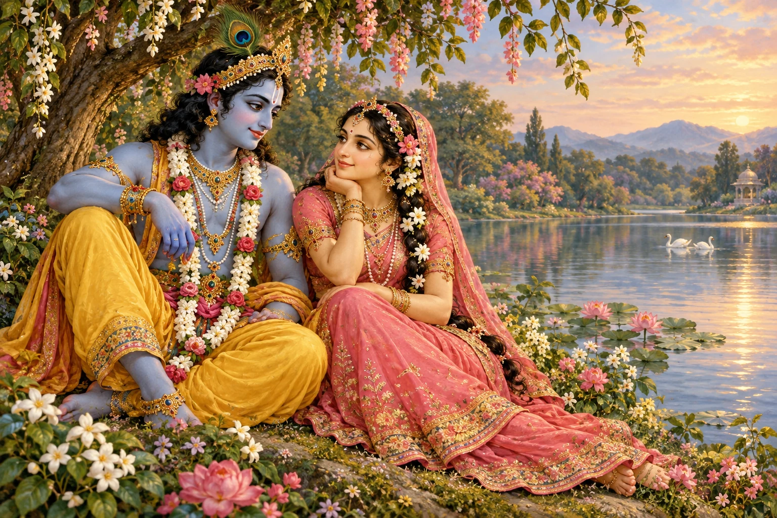Illustration: Radha in rose-colored clothing and Krishna in yellow sit together beside a lake.