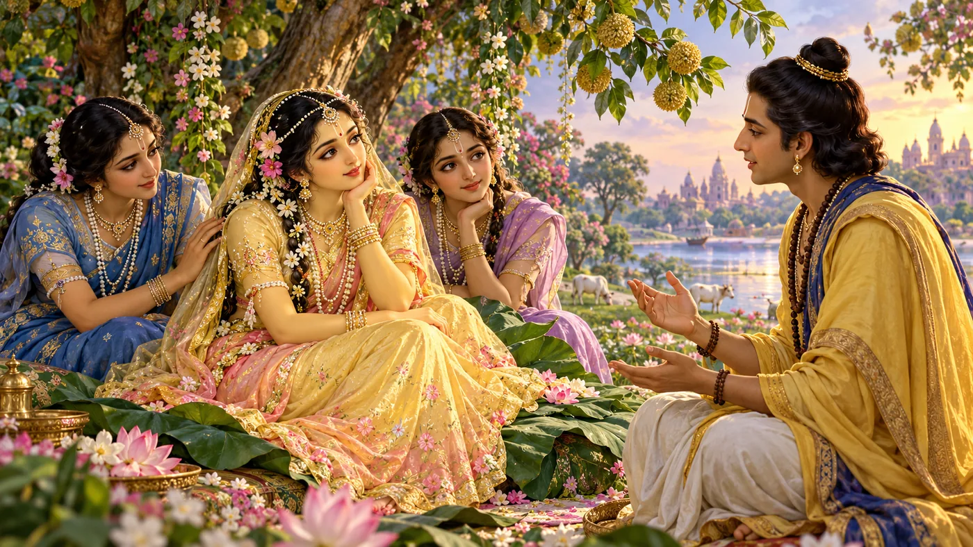 Radha and two friends speak with Uddhava in a flowering garden beside the Yamuna