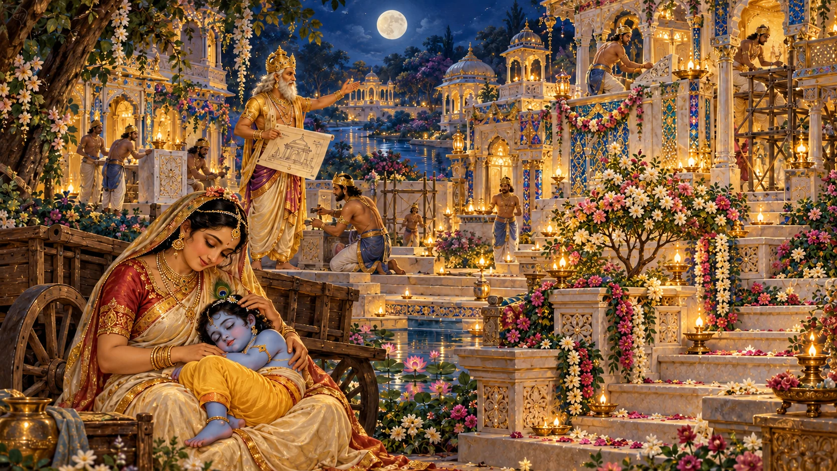 Vishvakarma directs the builders of Vrindavan beneath the moon while little Krishna sleeps in Yashoda's embrace
