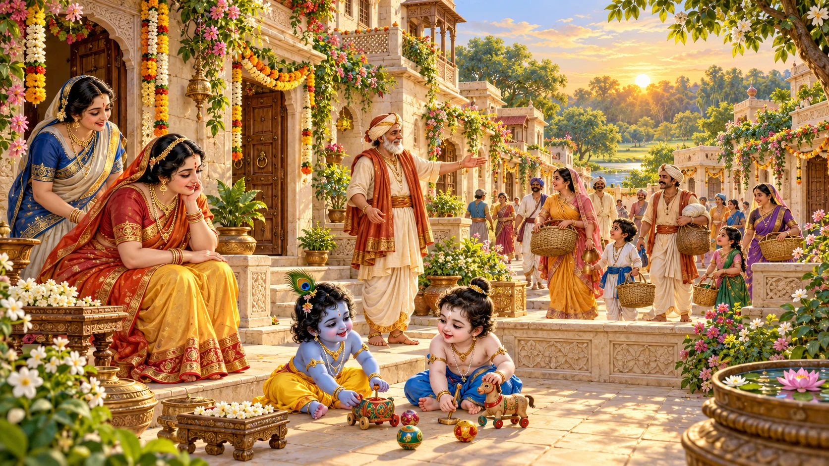 Nanda welcomes families to the new Vrindavan while Krishna and Balarama play.