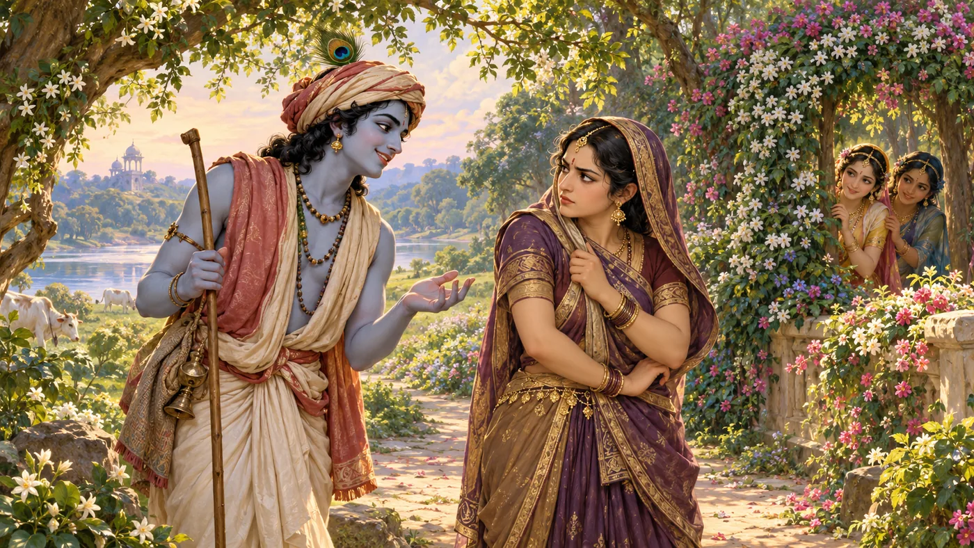 Krishna disguised as Abhimanyu talks with Kutila on a woodland path near the Yamuna