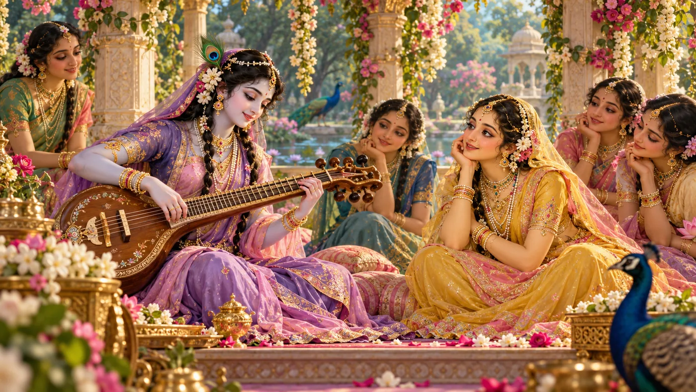 Krishna disguised as the singer Kalavali plays a veena before Radha and her friends