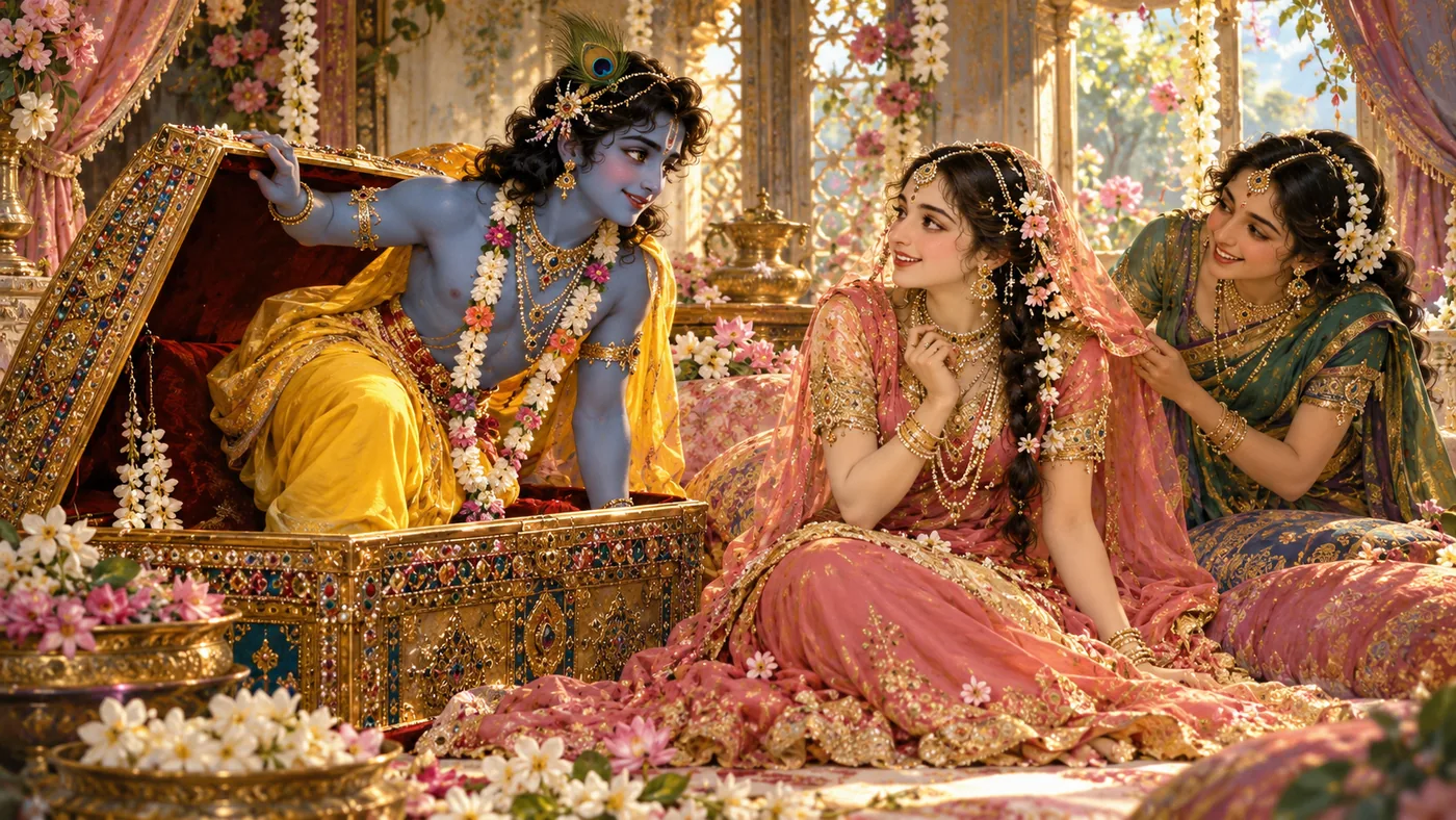 Radha and Lalita open an ornate box as a smiling Krishna emerges in a bright chamber