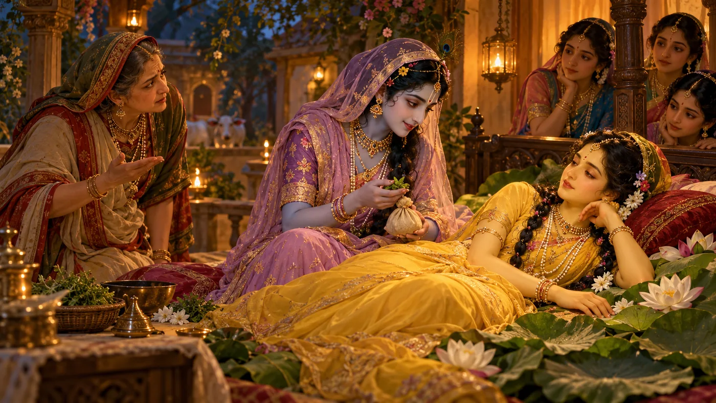 Krishna disguised as the healer Vidyavali arrives with Gargi at Jatila's home