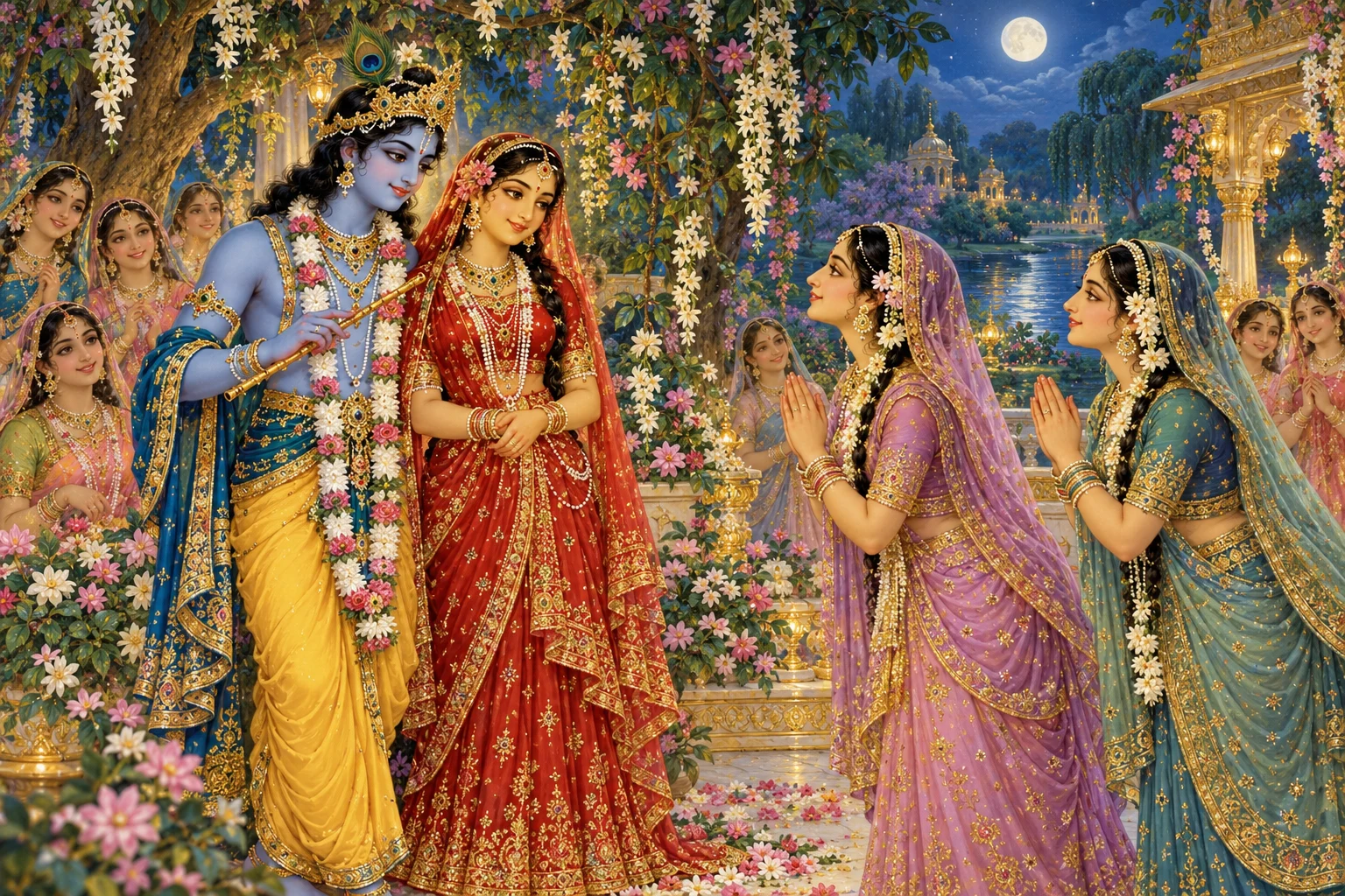 Illustration: Radha and Krishna in a moonlit forest grove welcome Shiva and Asuri in gopi forms, with joined palms.