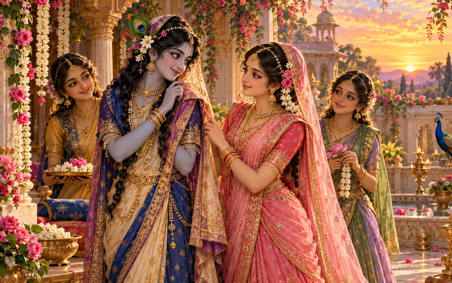 Radha welcomes Krishna disguised as a young gopi in a flower-filled courtyard