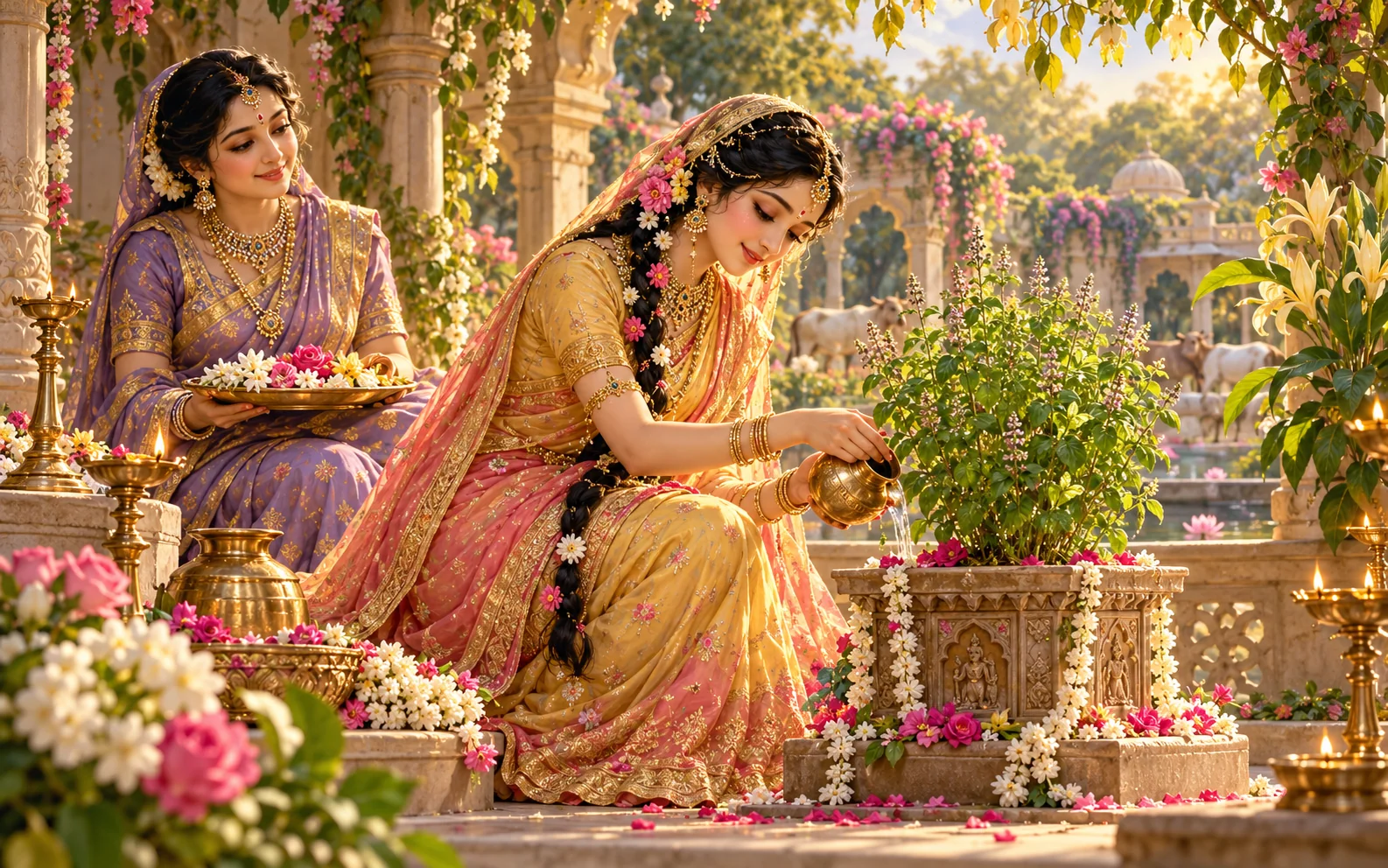 Radha and a friend offer water and flowers to a Tulasi plant in a garden