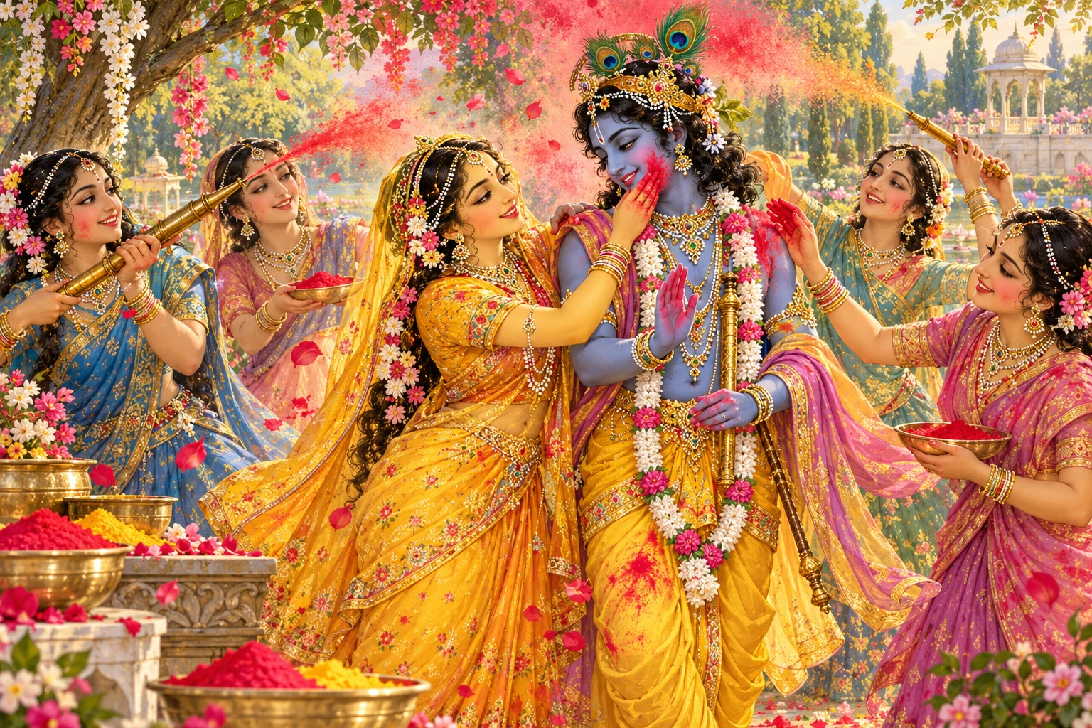 Illustration: Radha, Krishna in yellow garments and the gopis celebrate Holi with red abira and sprinklers of fragrant colored water in a Vraja garden.