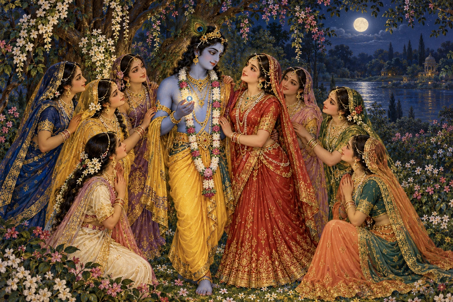 Illustration: Krishna returns among Radha and the gopis, holding the precious jewel recovered from Shankhachuda.