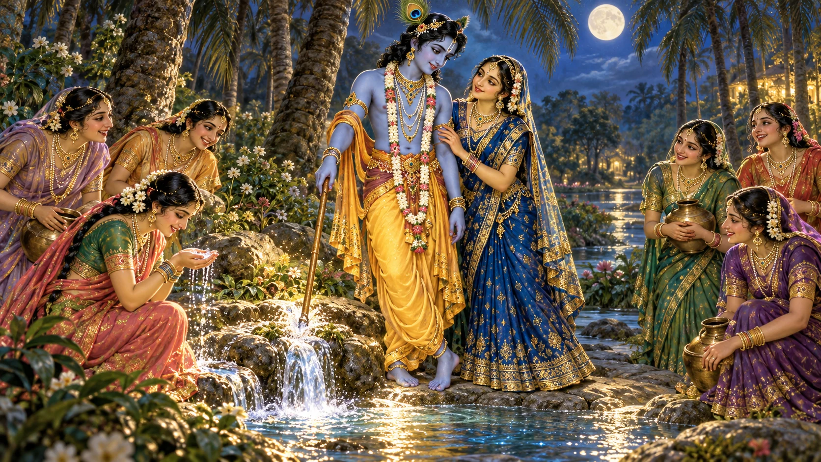 Krishna touches the ground with a wooden staff and opens a clear spring as Radha and the gopis rejoice beside the palms