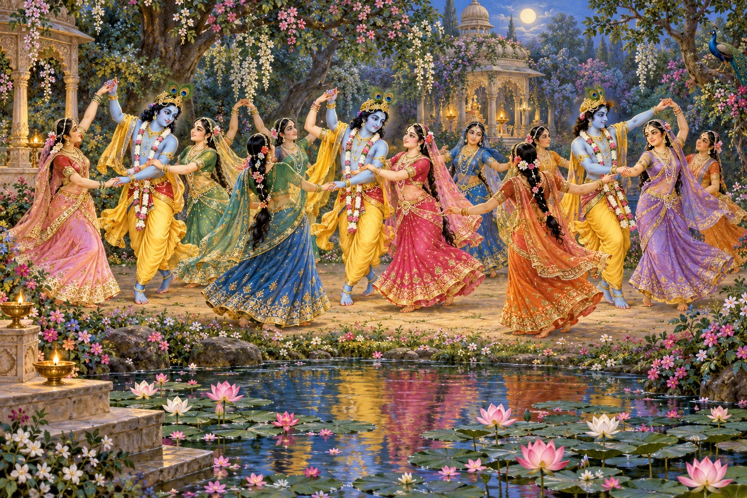 Illustration: Krishna manifests in several forms and dances rasa with King Vimala's daughters in Kamavana, beside a pond.