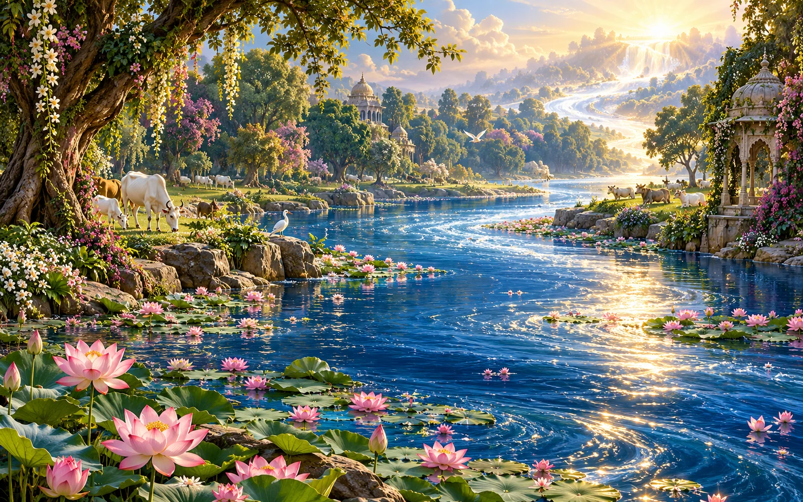 The blue Yamuna flows among lotuses, cows, and green forests of Vraja