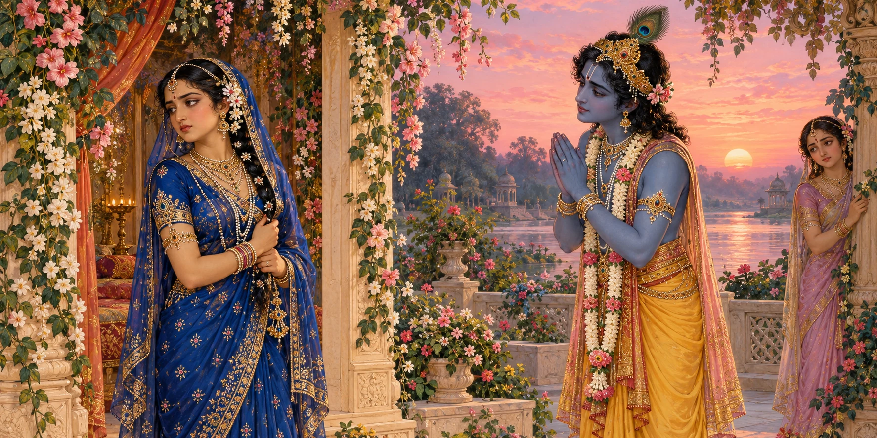 Krishna stands with folded palms before serious Radha at dawn beside a flower bower