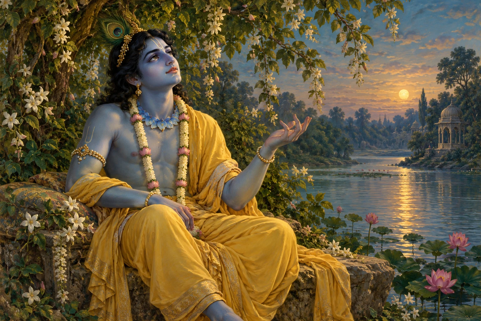Illustration: Krishna in yellow sits alone in a bower beside the Yamuna, wearing a flower garland and blue lotus petals around his neck.