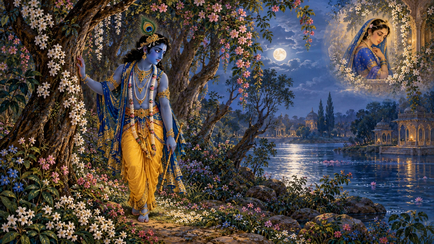 Krishna searches for Radha in the flowering forest beside the Yamuna