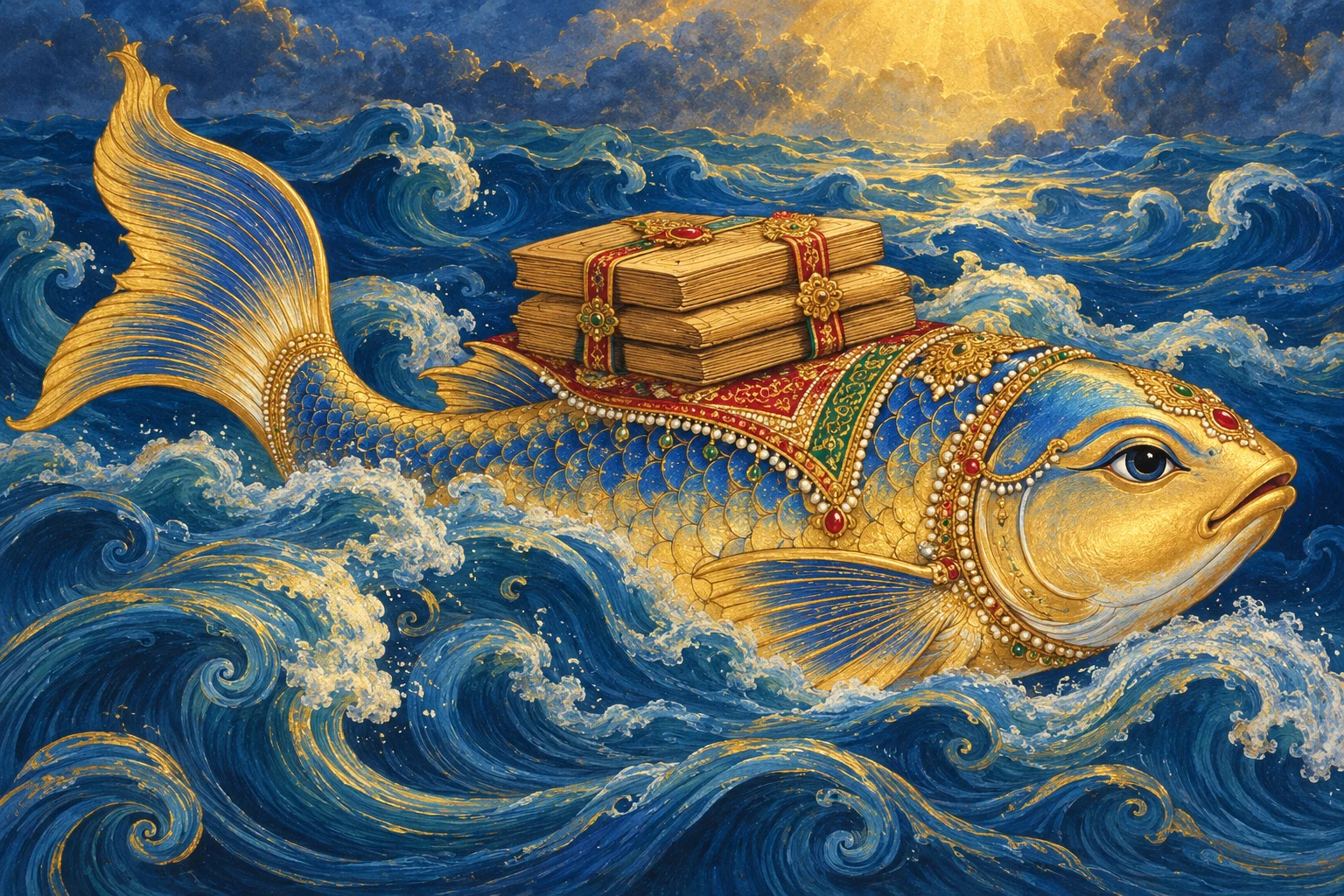 Symbolic illustration: the divine fish Matsya safeguards the Vedas, represented by manuscripts, above the waters of the deluge.