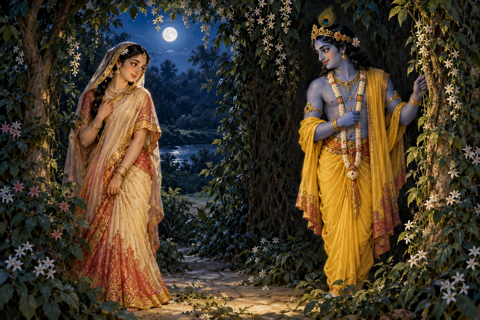 Illustration of the recollection: adult Radha and Krishna meet at the entrance to a woodland bower at night; Krishna wears yellow.