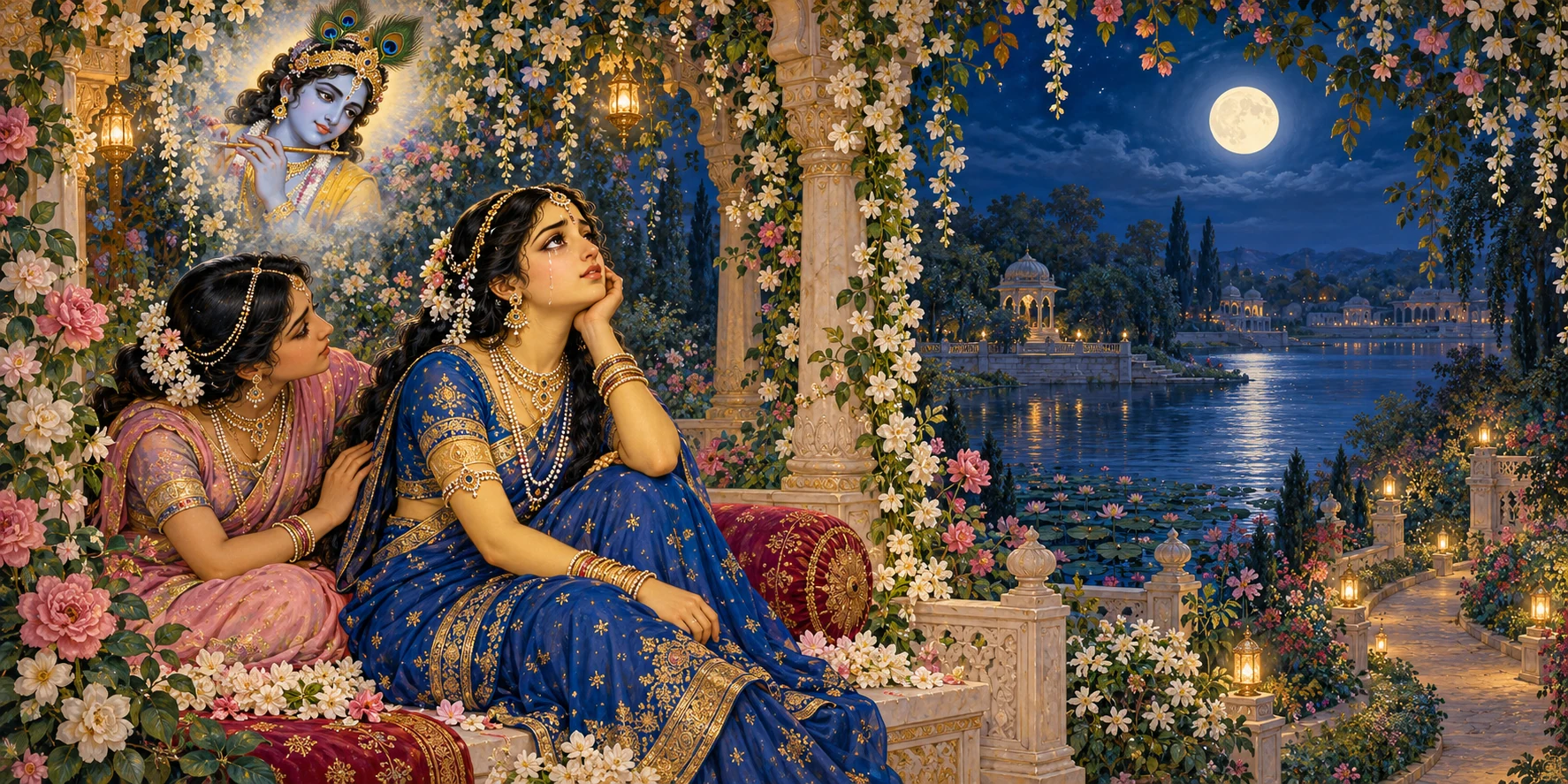 Radha and the sakhi beside the moonlit Yamuna, with a symbolic image of Krishna as Her memory