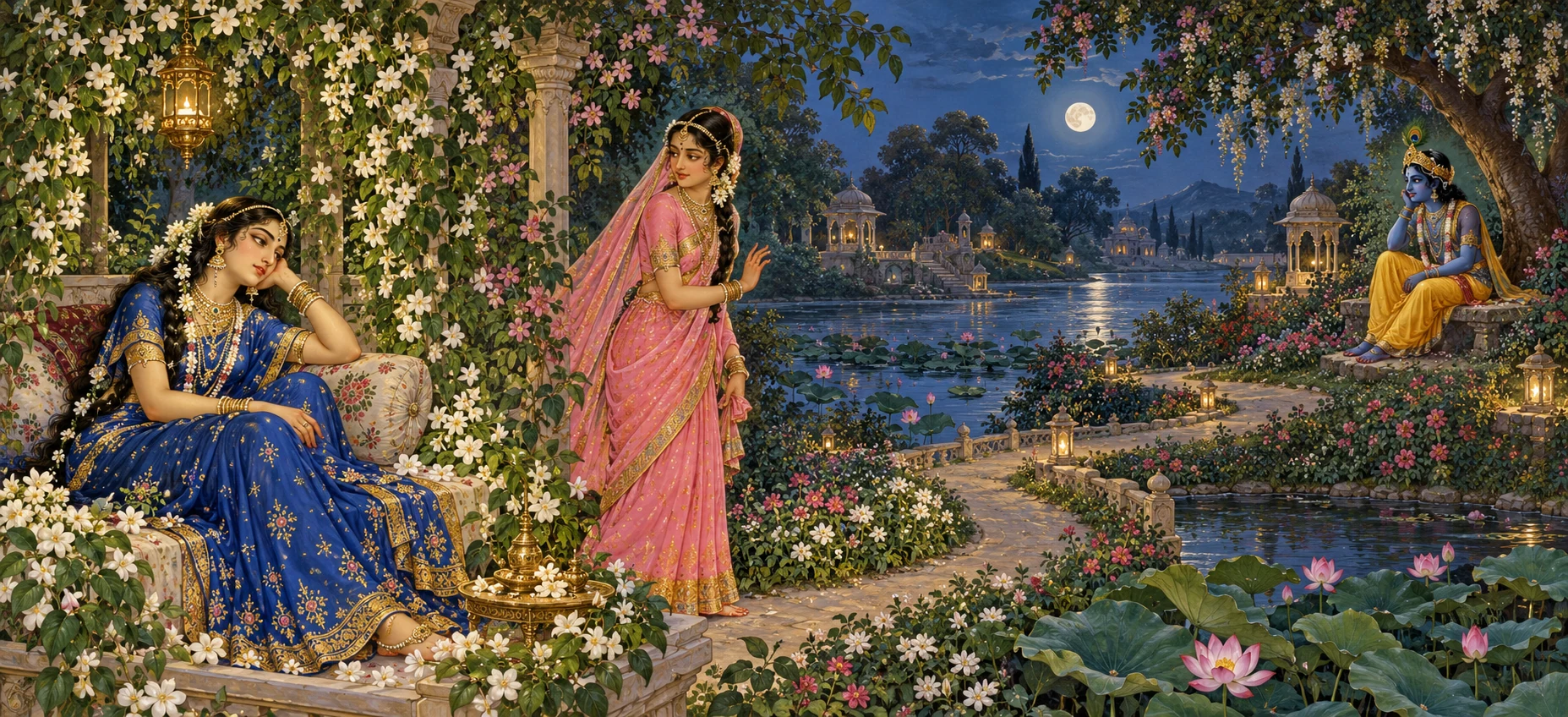Radha waits in a flower bower while the sakhi sets out to carry a message to Krishna in a distant garden