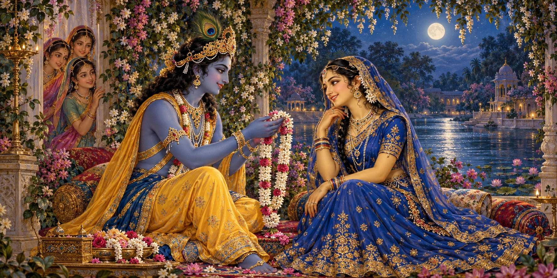 Radha and Krishna meet again in a flowering garden beneath the moon