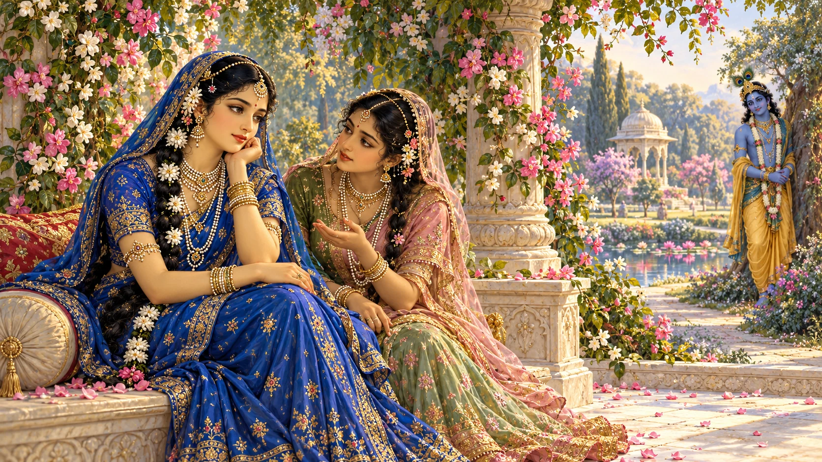 The sakhi speaks attentively with Radha beneath flowering vines while Krishna is shown beside a distant path