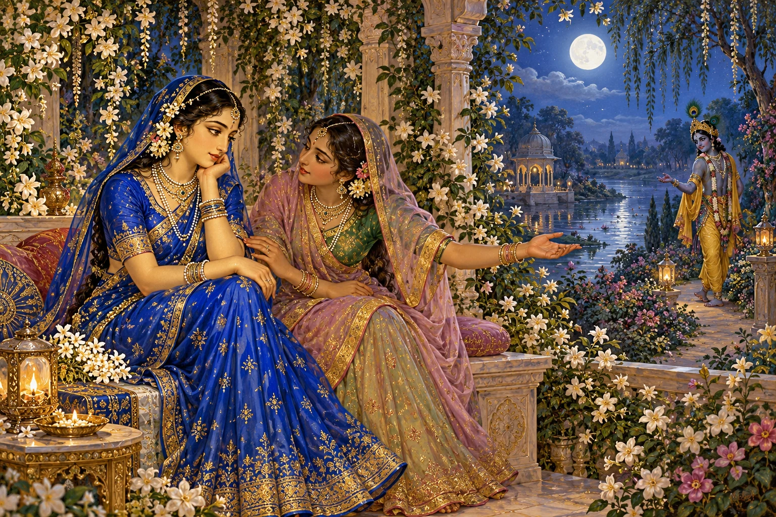 A sakhi brings Krishna's message to Radha in a moonlit garden