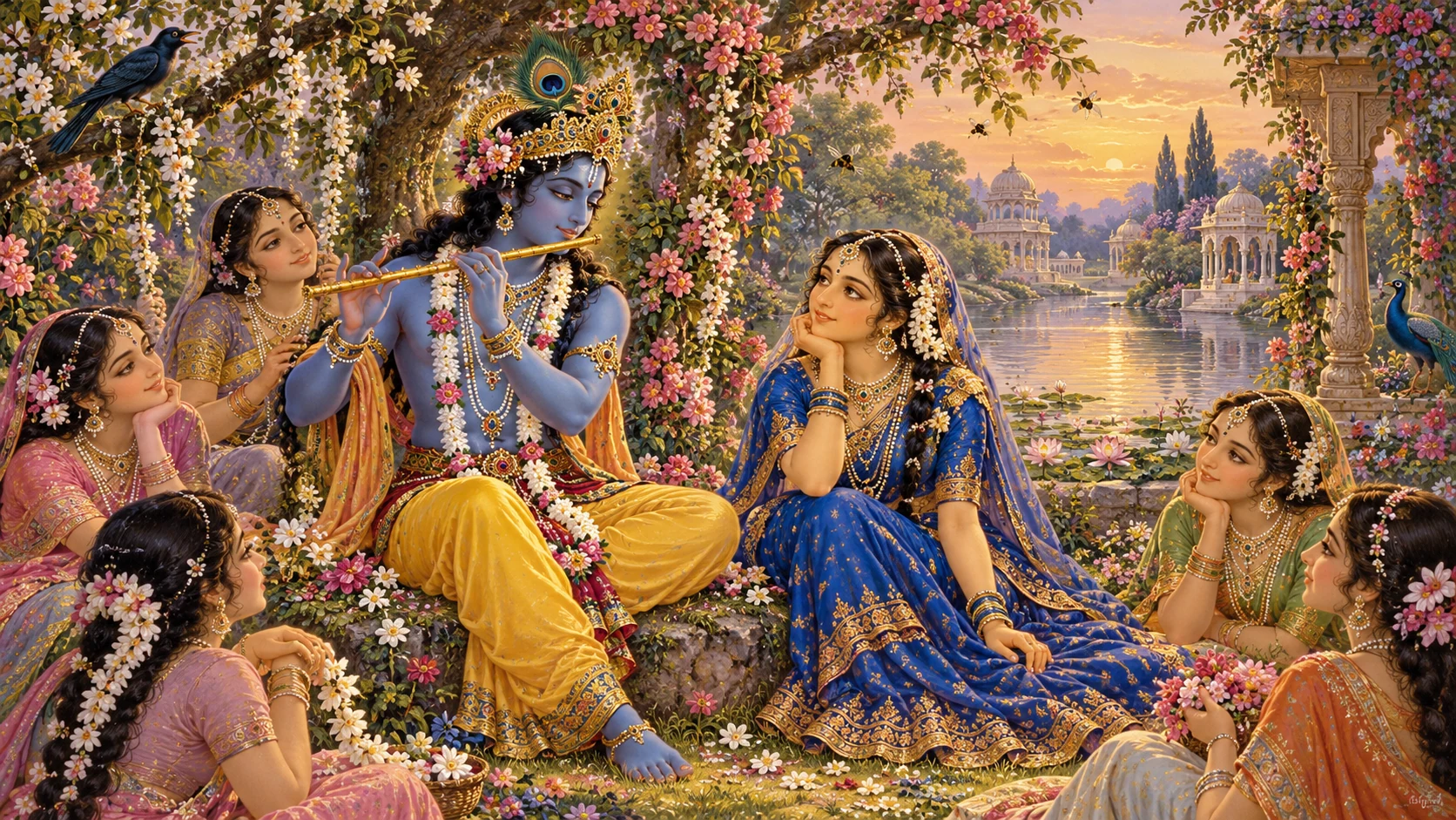 Radha, Krishna, and the gopis in a flowering spring forest by the Yamuna