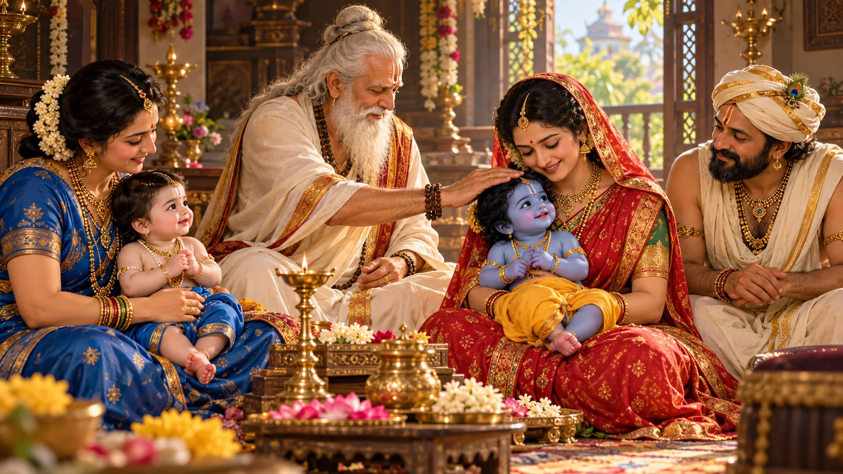 Garga Muni blesses little Krishna beside Yashoda, Rohini, Balarama, and Nanda