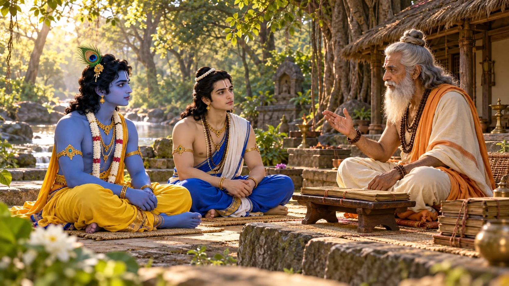 Krishna and Balarama learn from the sage Sandipani in a forest ashram