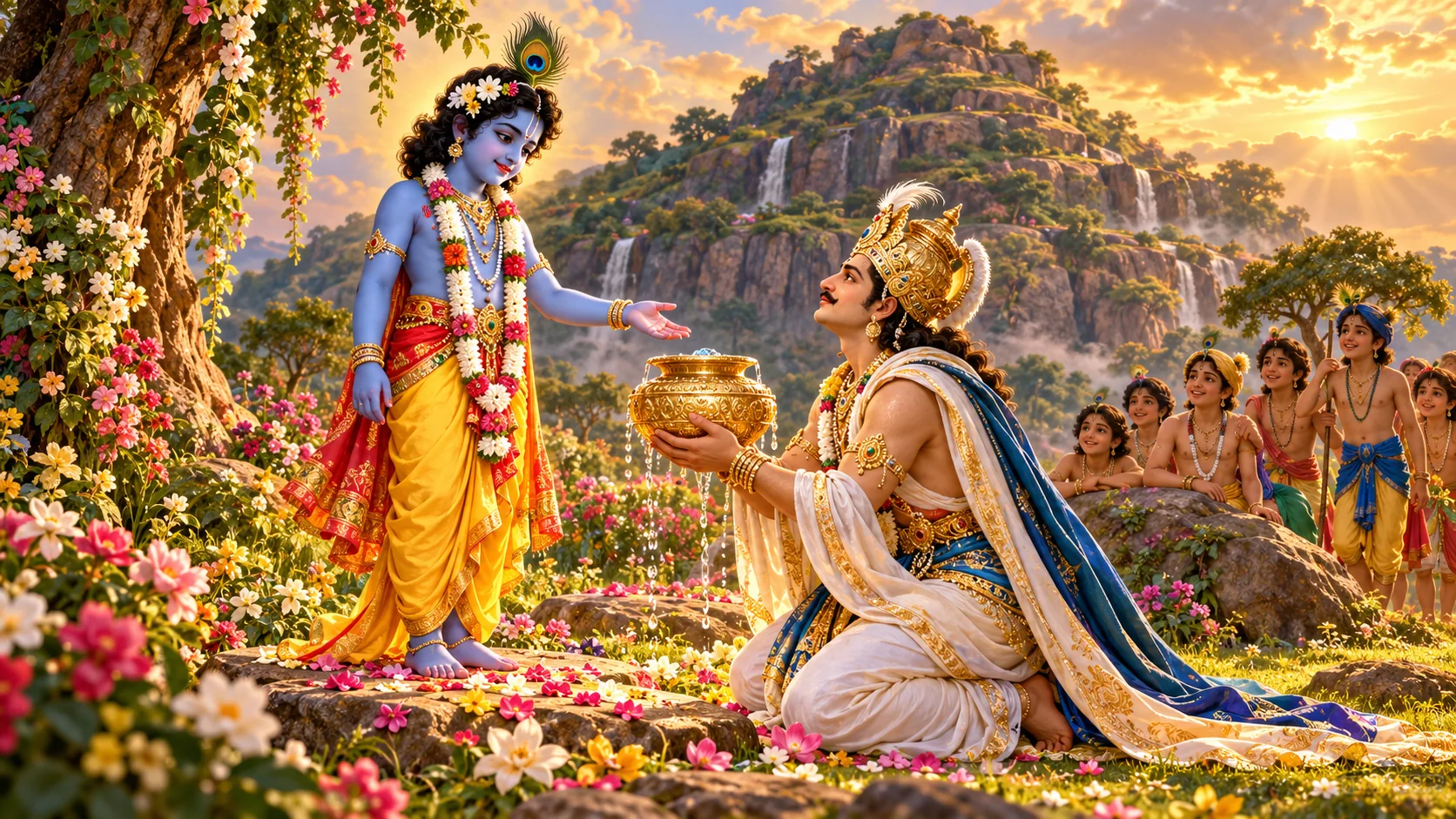Indra holds a vessel of sacred water and bows before Krishna near Govardhan Hill