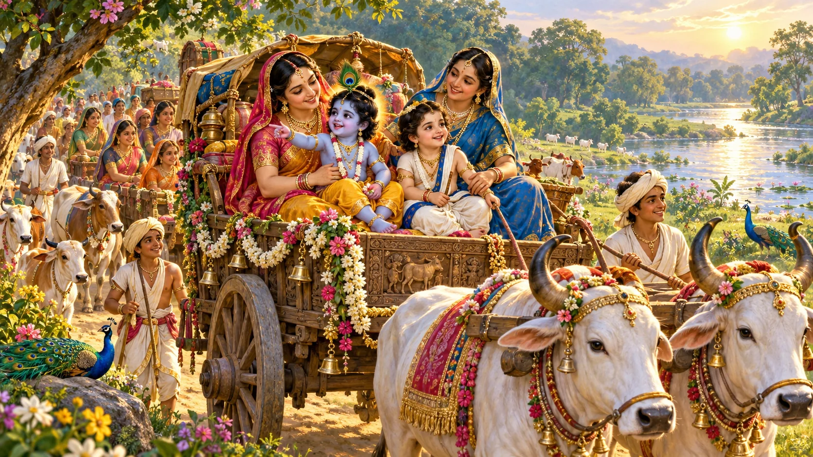 Yashoda and Rohini travel with little Krishna and Balarama in an ox cart toward Vrindavan