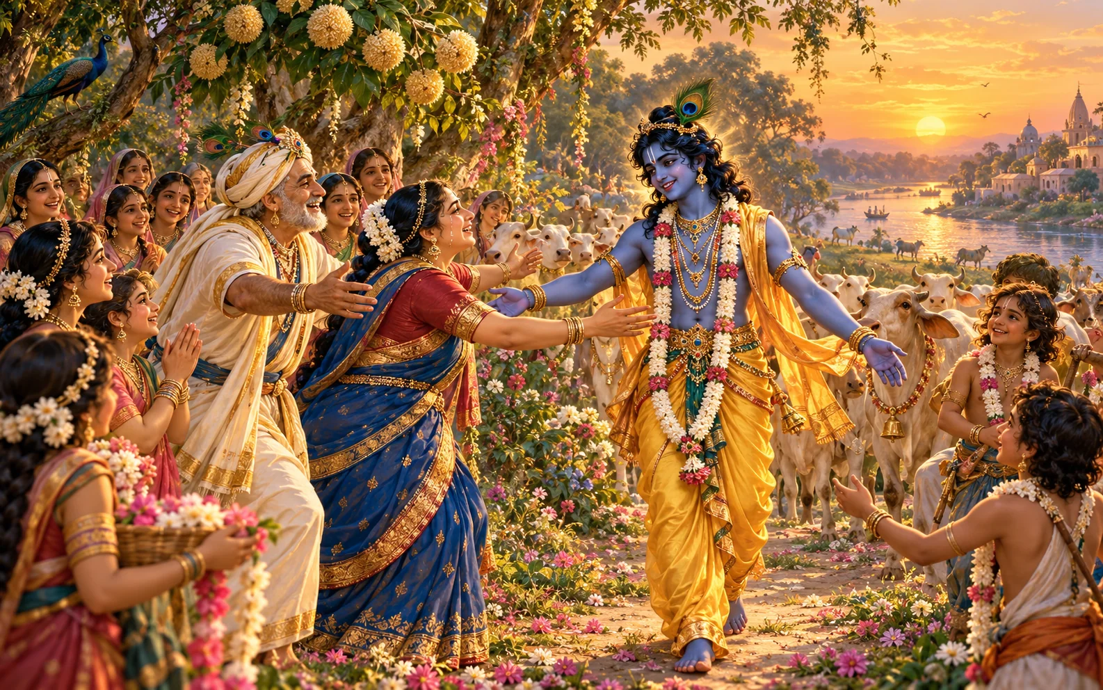Krishna approaches on a forest path as Nanda, Yashoda, and the residents of Vraja welcome Him