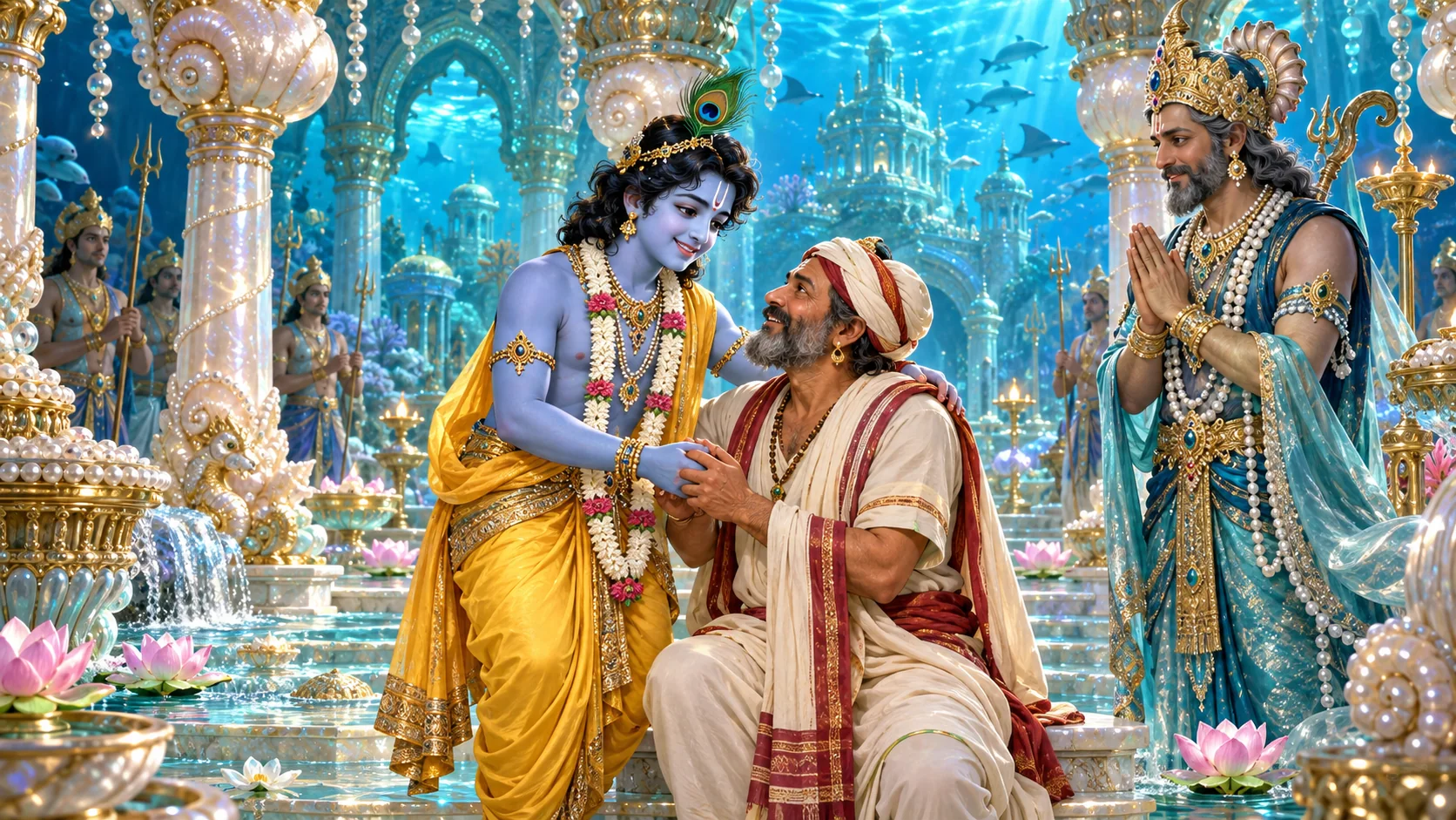 Krishna and Nanda in Varuna's underwater abode
