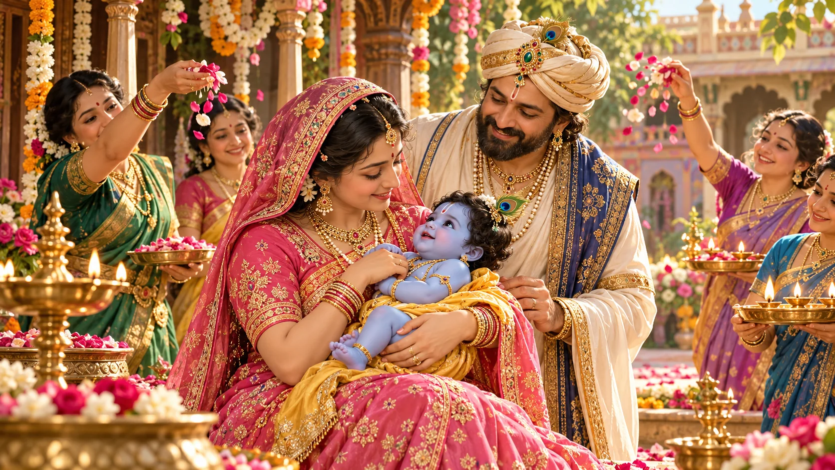 Yashoda holds newborn Krishna as Nanda looks on lovingly and relatives scatter flowers