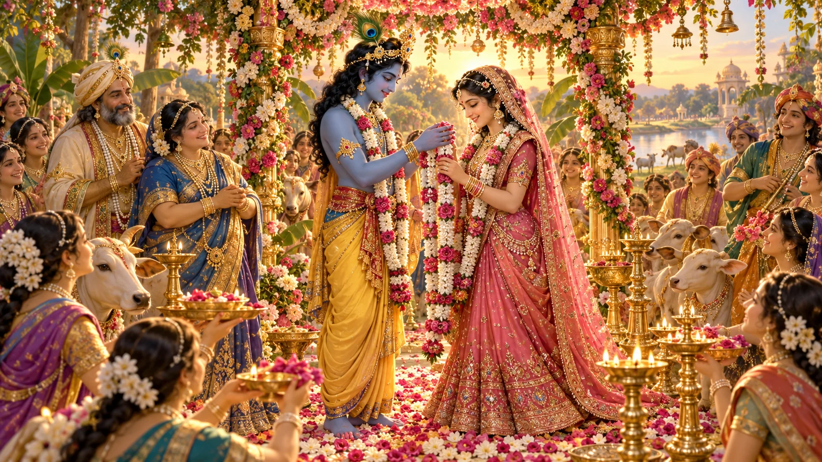 Radha and Krishna wear flower garlands at their wedding celebration, surrounded by family and friends