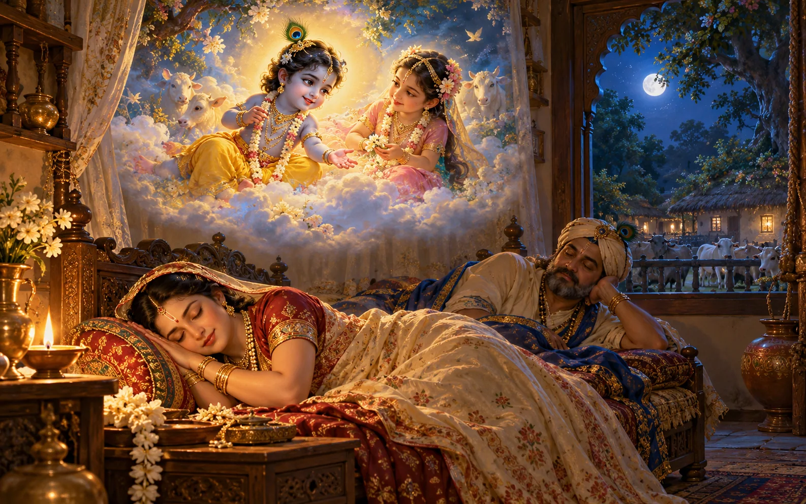 Yashoda sleeps and dreams of little Krishna beside a young girl while Nanda rests nearby
