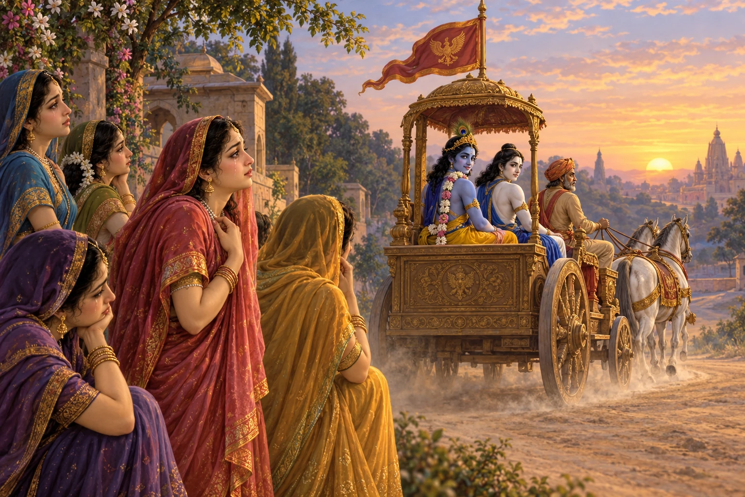 Artistic illustration: sorrowful gopis watch the chariot carrying Krishna, Balarama, and Akrura depart at sunrise.