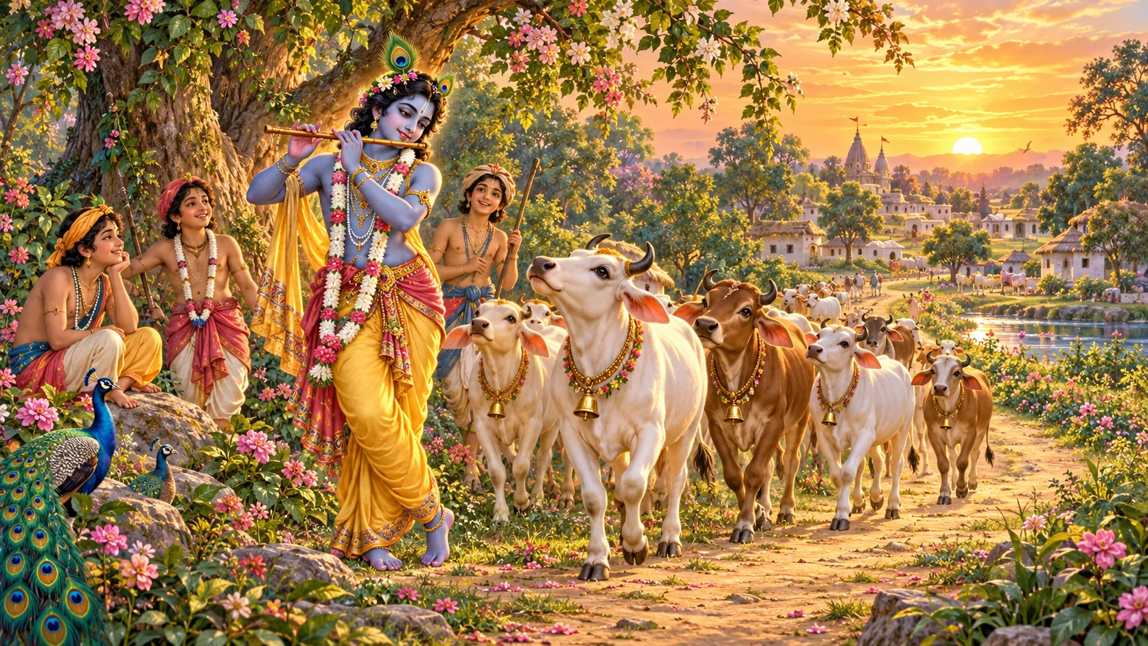 Krishna calls the cows with His flute in the forest while the cowherd boys stand beside Him