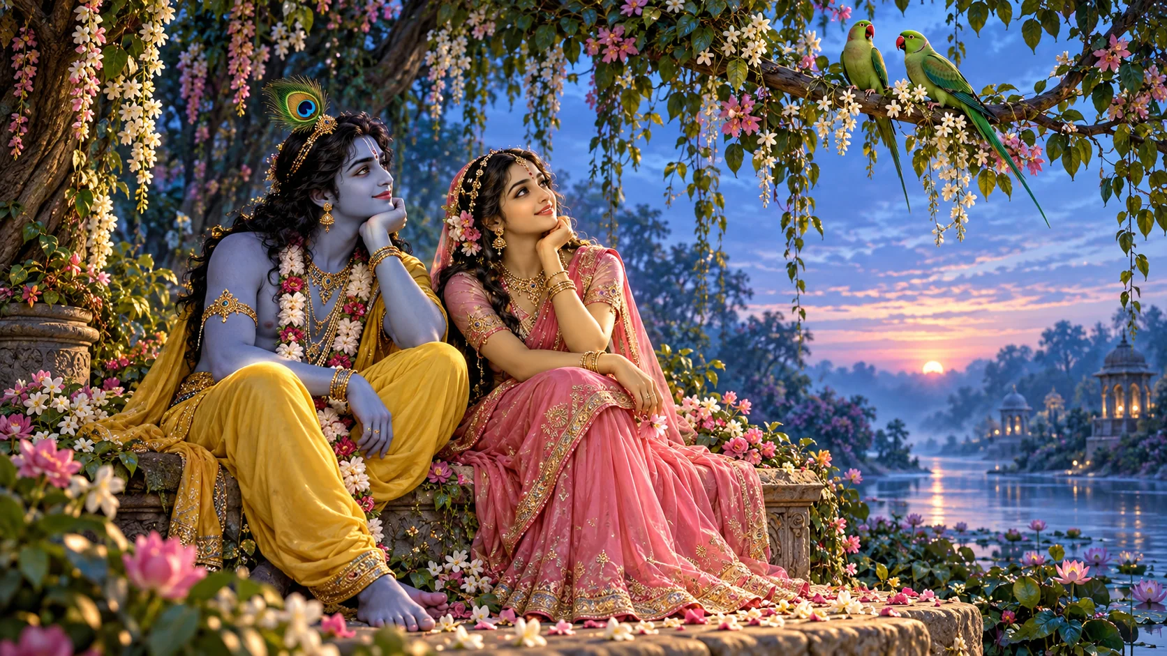 Radha and Krishna listen to parrots in a flower grove by the Yamuna at dawn