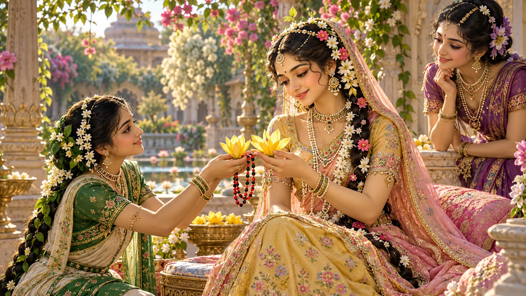 Tulasi Manjari brings flowers and a garland to Radha in Lalita's presence