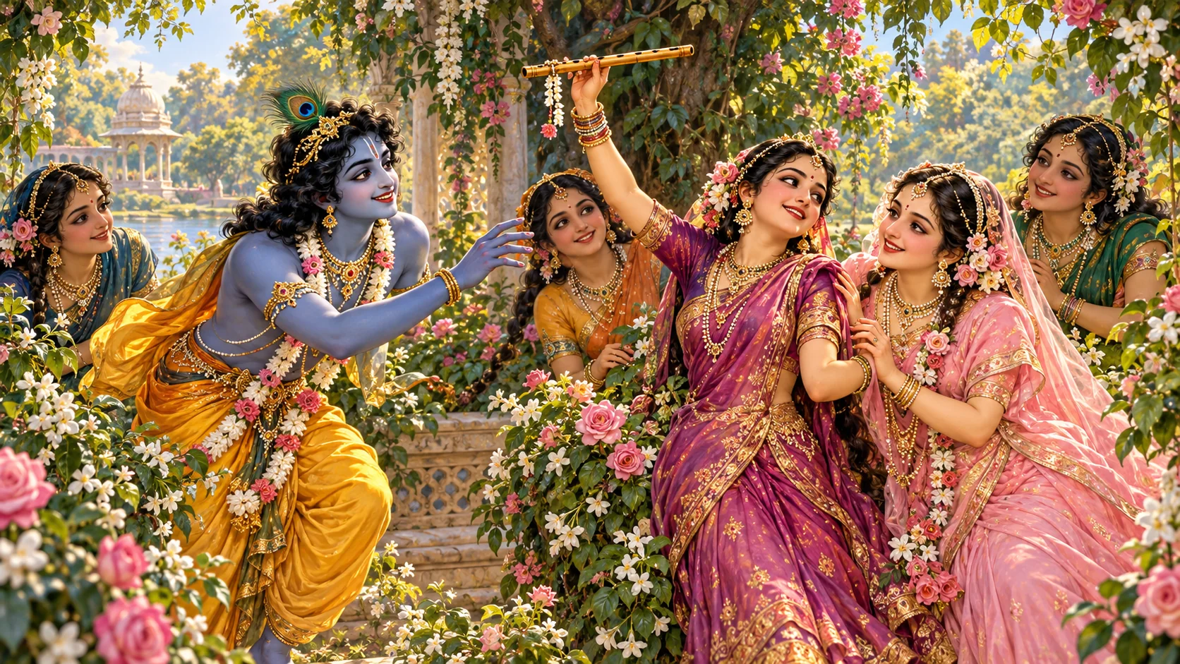 Lalita raises the flute while Krishna, Radha, and their friends smile in a flower-filled grove